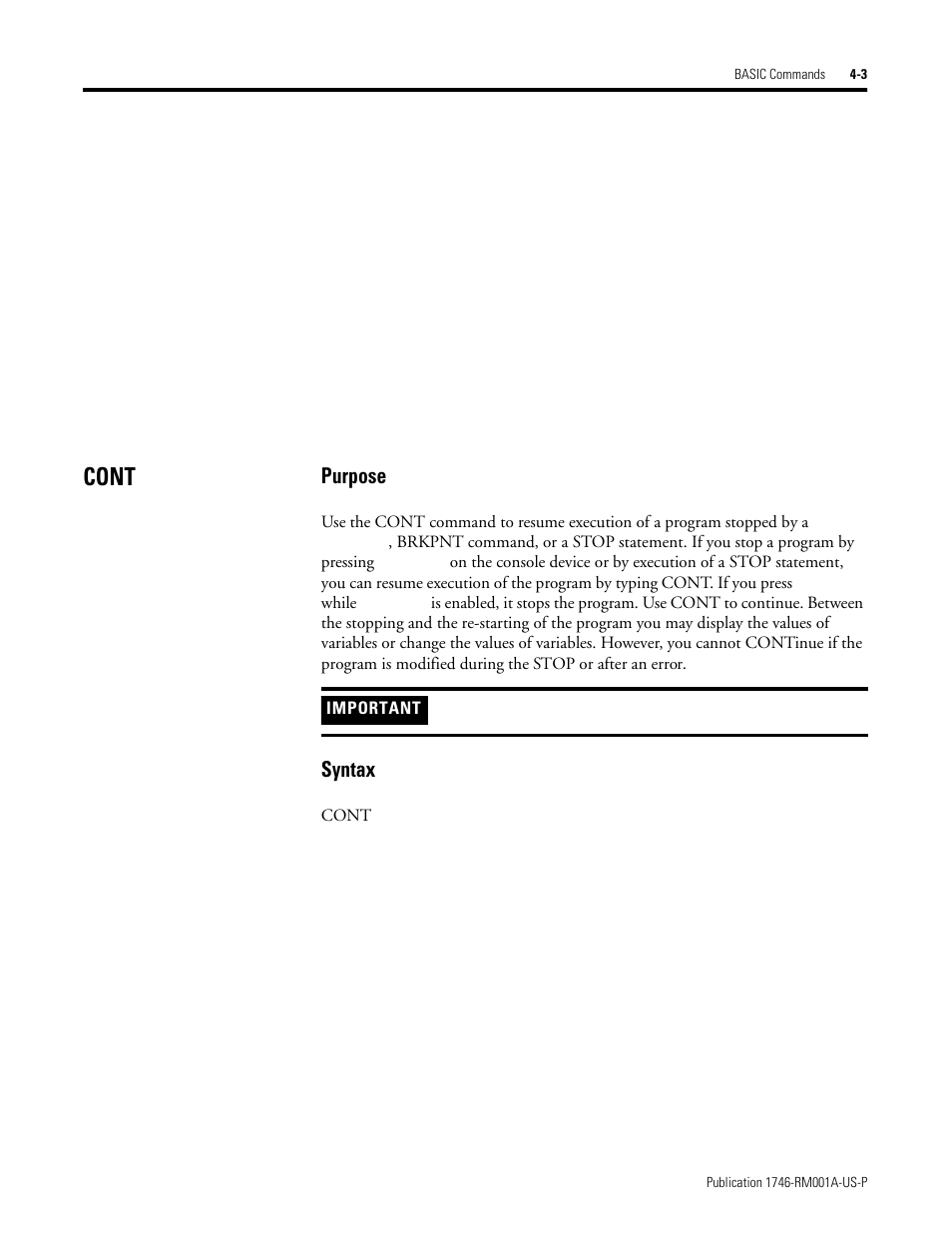 Cont, Cont -3, Purpose | Syntax | Rockwell Automation 1746-BAS BASIC LANGUAGE User Manual | Page 43 / 280