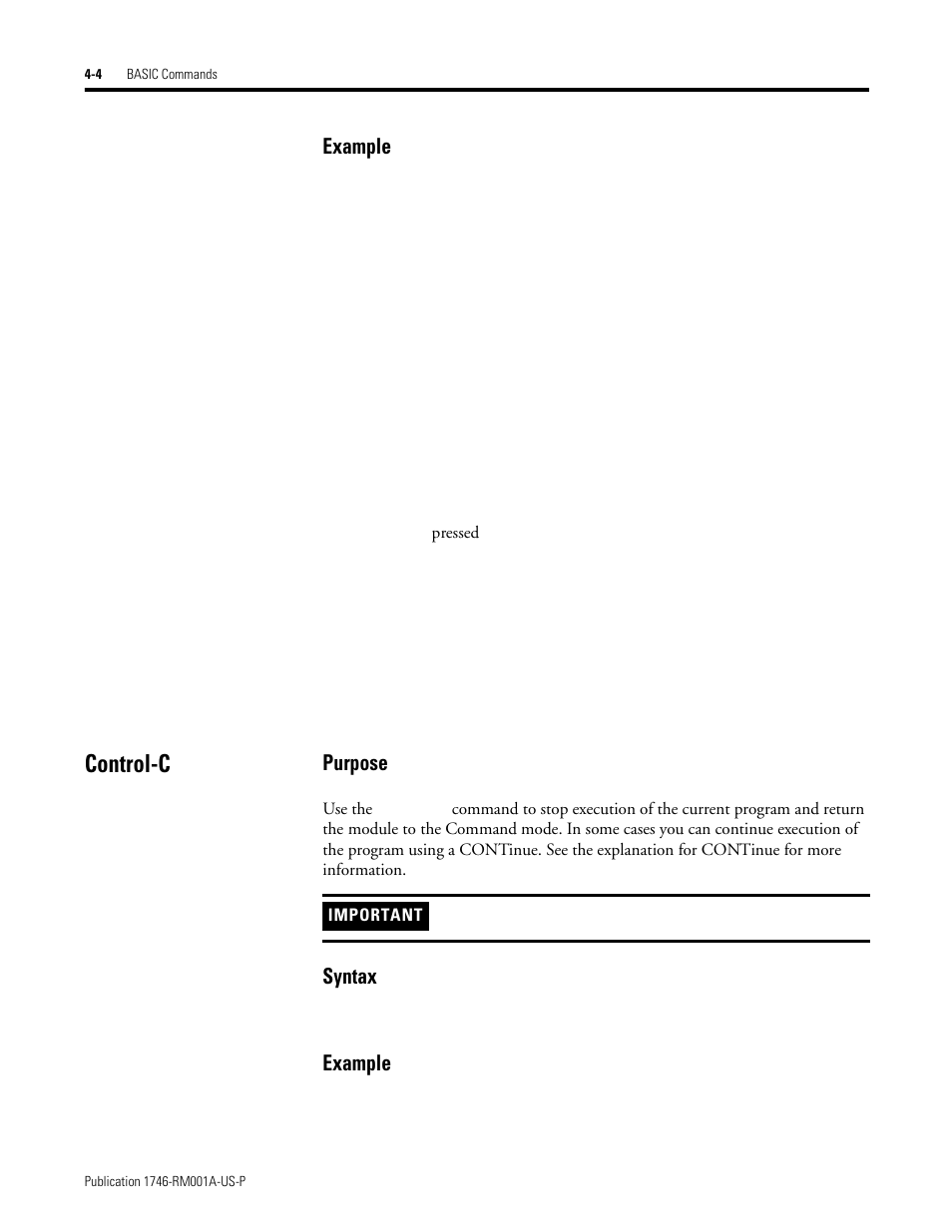 Control-c, Control-c -4, Example | Purpose, Syntax | Rockwell Automation 1746-BAS BASIC LANGUAGE User Manual | Page 44 / 280