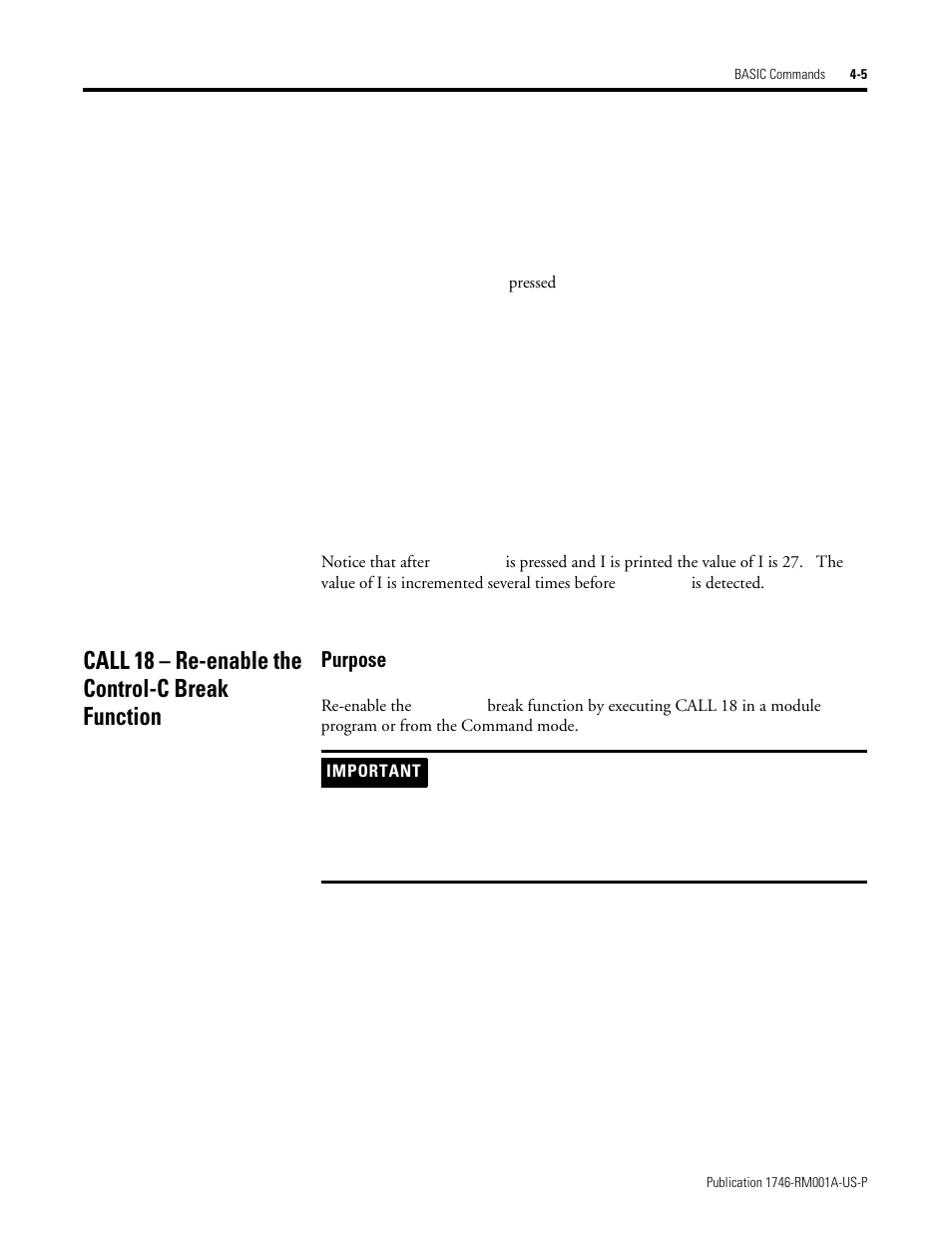 Call 18 – re-enable the control-c break function, Purpose | Rockwell Automation 1746-BAS BASIC LANGUAGE User Manual | Page 45 / 280