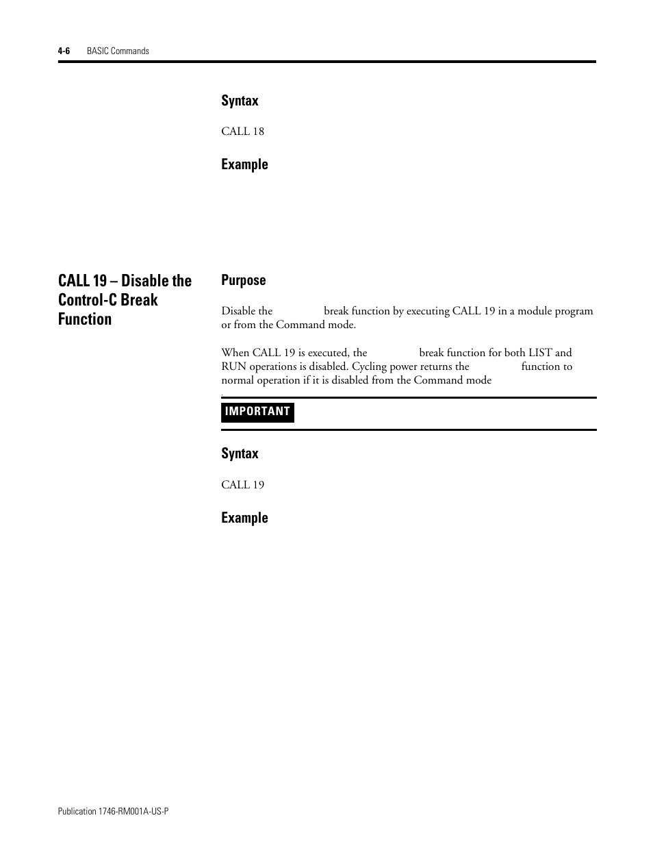 Call 19 – disable the control-c break function, Call 19 – disable the control-c break function -6, Syntax | Example, Purpose | Rockwell Automation 1746-BAS BASIC LANGUAGE User Manual | Page 46 / 280