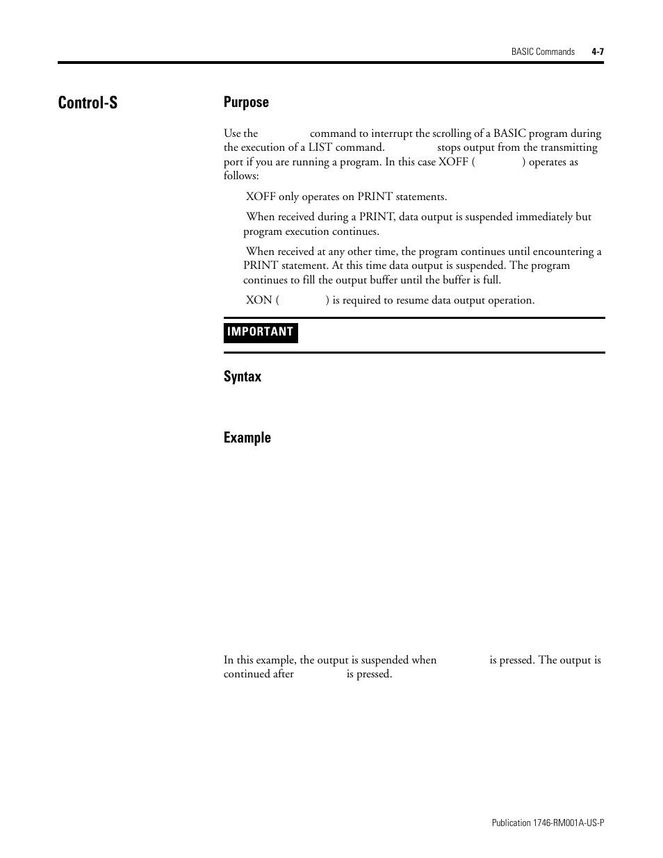 Control-s, Control-s -7, Purpose | Syntax, Example | Rockwell Automation 1746-BAS BASIC LANGUAGE User Manual | Page 47 / 280