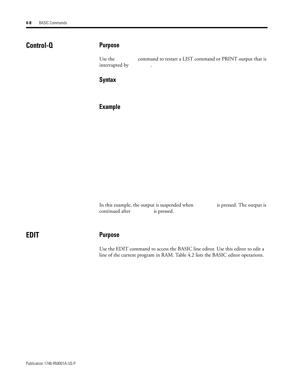 Control-q, Edit, Control-q -8 edit -8 | Purpose, Syntax, Example | Rockwell Automation 1746-BAS BASIC LANGUAGE User Manual | Page 48 / 280