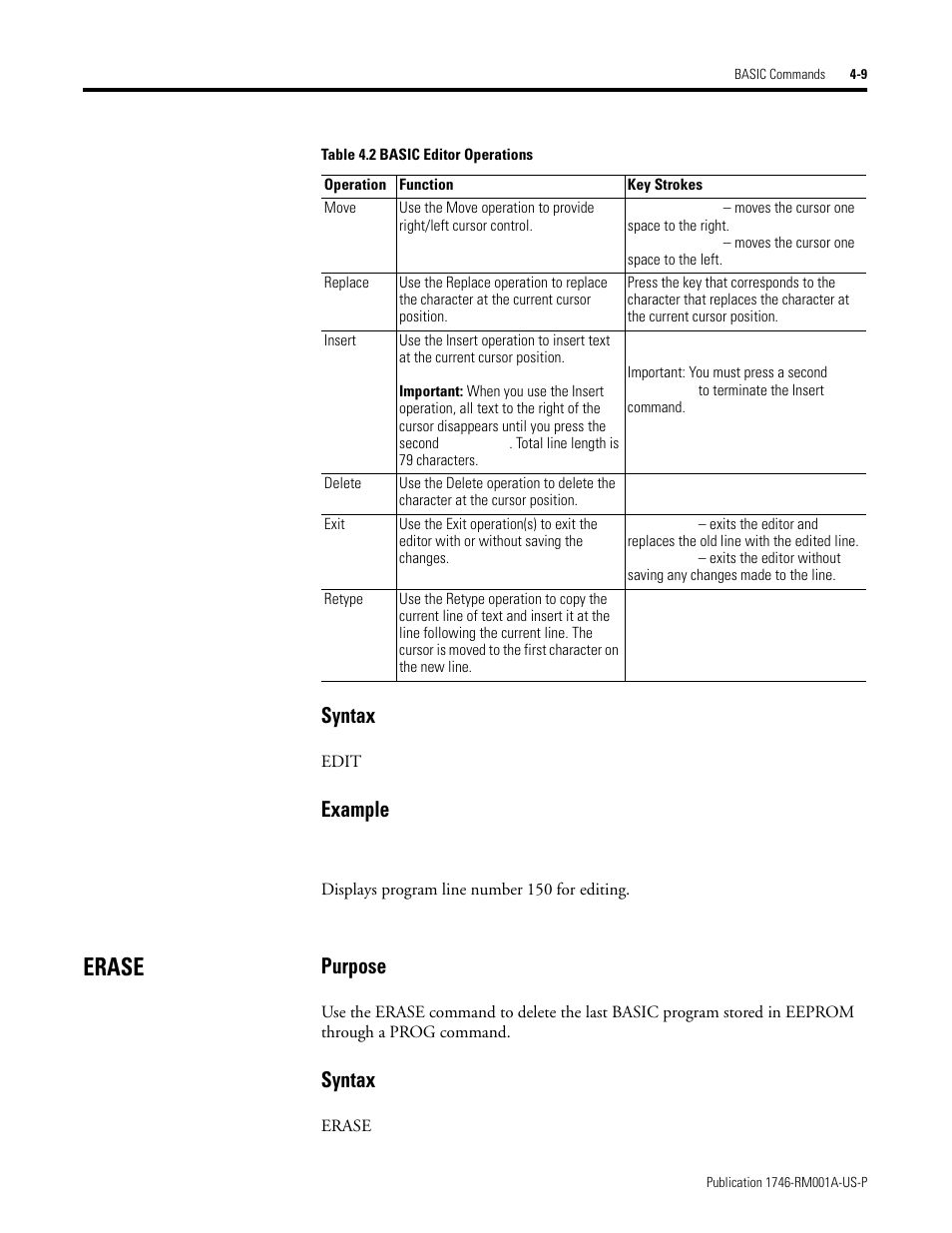Erase, Erase -9, Syntax | Example, Purpose | Rockwell Automation 1746-BAS BASIC LANGUAGE User Manual | Page 49 / 280