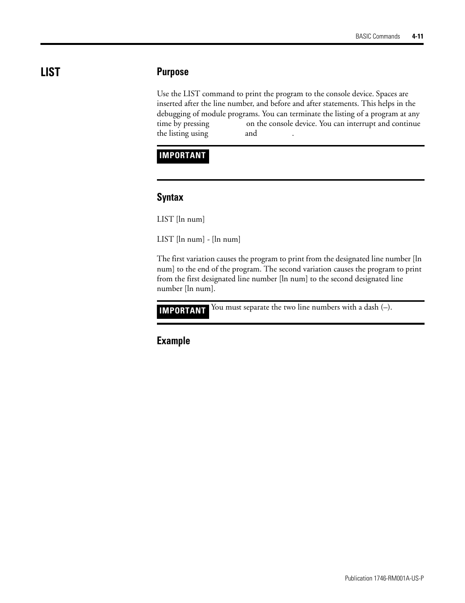 List, List -11, Purpose | Syntax, Example | Rockwell Automation 1746-BAS BASIC LANGUAGE User Manual | Page 51 / 280