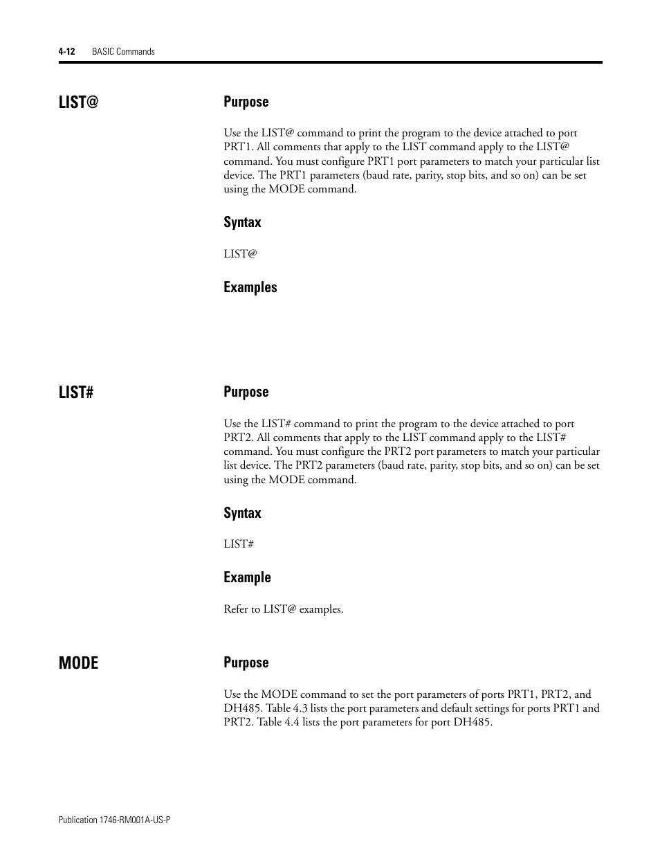 List, Mode, List@ -12 list# -12 mode -12 | Rockwell Automation 1746-BAS BASIC LANGUAGE User Manual | Page 52 / 280