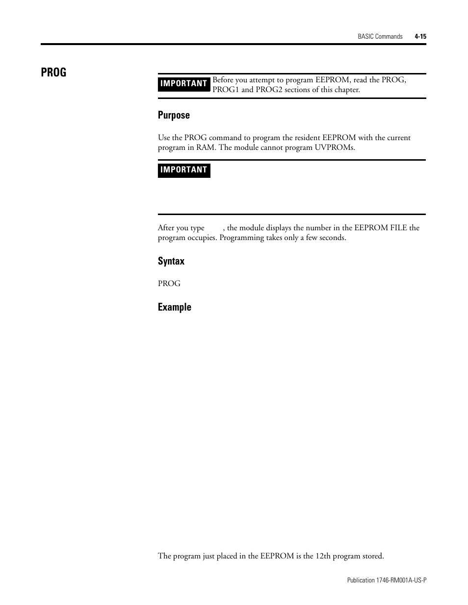 Prog, Prog -15, Purpose | Syntax, Example | Rockwell Automation 1746-BAS BASIC LANGUAGE User Manual | Page 55 / 280