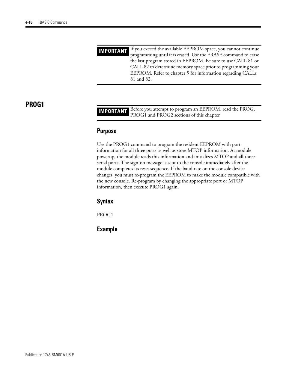Prog1, Prog1 -16, Purpose | Syntax, Example | Rockwell Automation 1746-BAS BASIC LANGUAGE User Manual | Page 56 / 280
