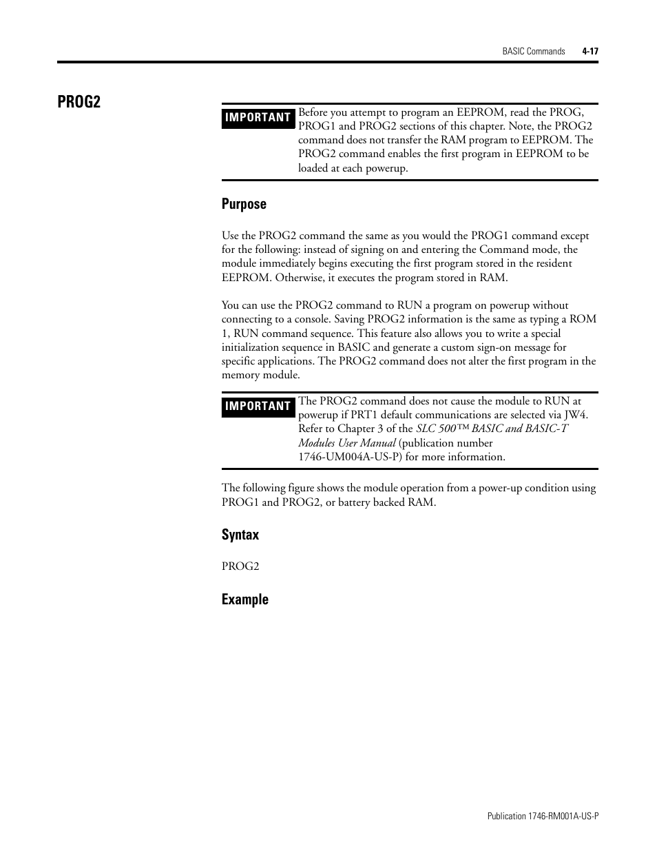 Prog2, Prog2 -17, Purpose | Syntax, Example | Rockwell Automation 1746-BAS BASIC LANGUAGE User Manual | Page 57 / 280