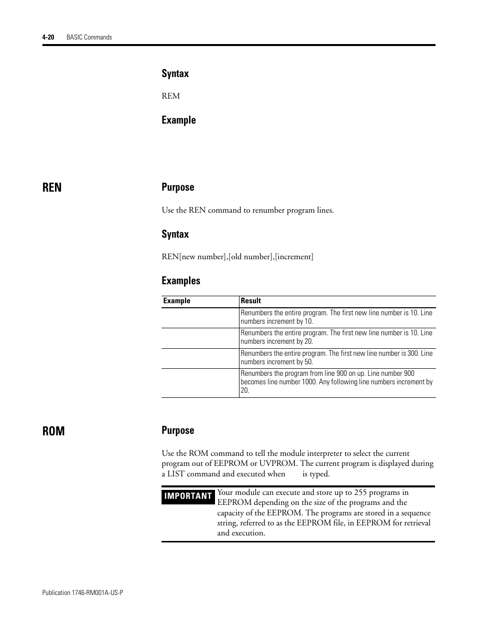 Ren -20 rom -20, Syntax, Example | Purpose, Examples | Rockwell Automation 1746-BAS BASIC LANGUAGE User Manual | Page 60 / 280