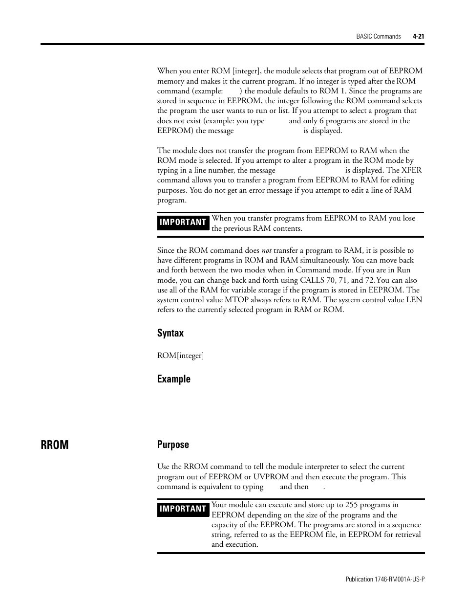Rrom, Rrom -21, Syntax | Example, Purpose | Rockwell Automation 1746-BAS BASIC LANGUAGE User Manual | Page 61 / 280