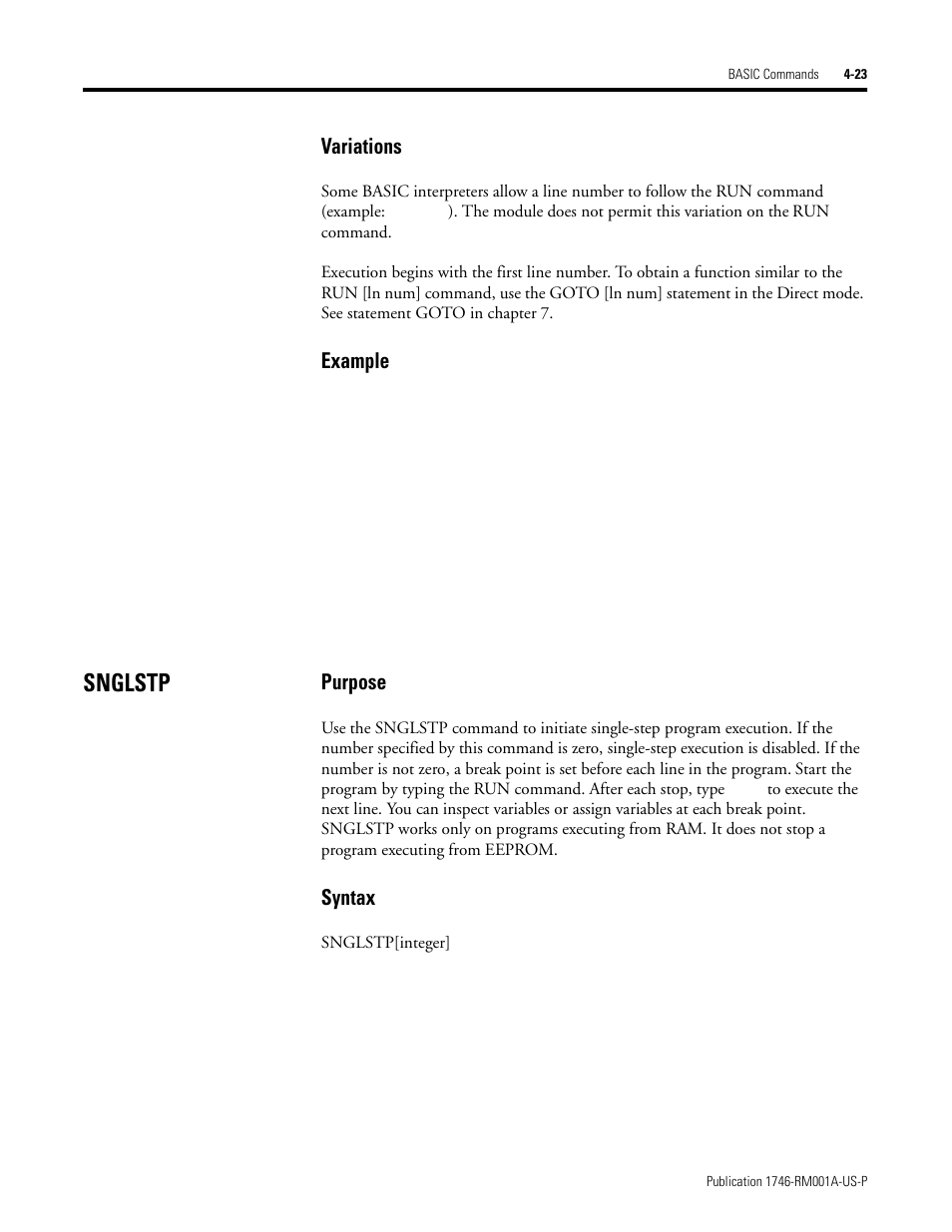 Snglstp, Snglstp -23, Variations | Example, Purpose, Syntax | Rockwell Automation 1746-BAS BASIC LANGUAGE User Manual | Page 63 / 280