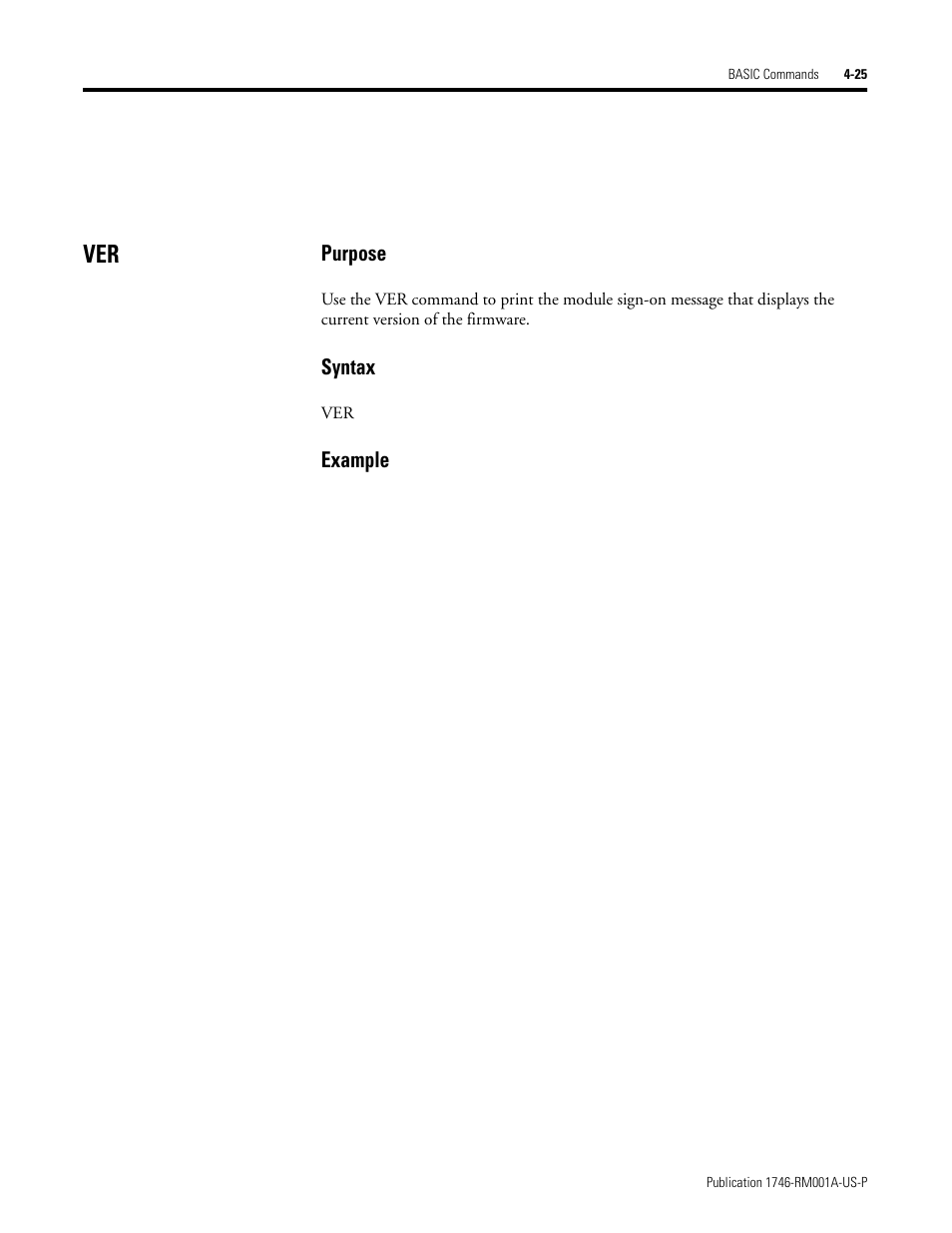 Ver -25, Purpose, Syntax | Example | Rockwell Automation 1746-BAS BASIC LANGUAGE User Manual | Page 65 / 280