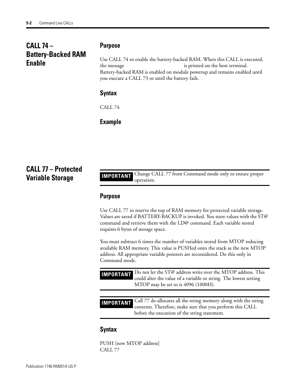 Call 74 – battery-backed ram enable, Call 77 – protected variable storage | Rockwell Automation 1746-BAS BASIC LANGUAGE User Manual | Page 68 / 280