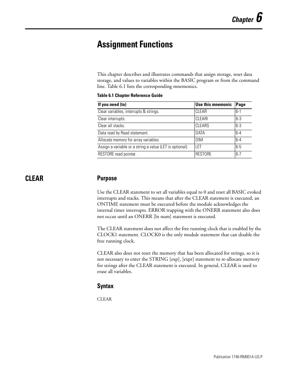 Assignment functions, Clear, Chapter 6 | Clear -1, Chapter, Purpose, Syntax | Rockwell Automation 1746-BAS BASIC LANGUAGE User Manual | Page 77 / 280