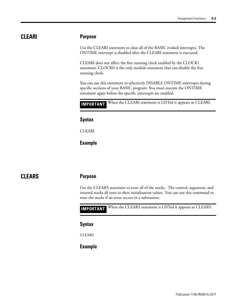 Cleari, Clears, Cleari -3 clears -3 | Rockwell Automation 1746-BAS BASIC LANGUAGE User Manual | Page 79 / 280