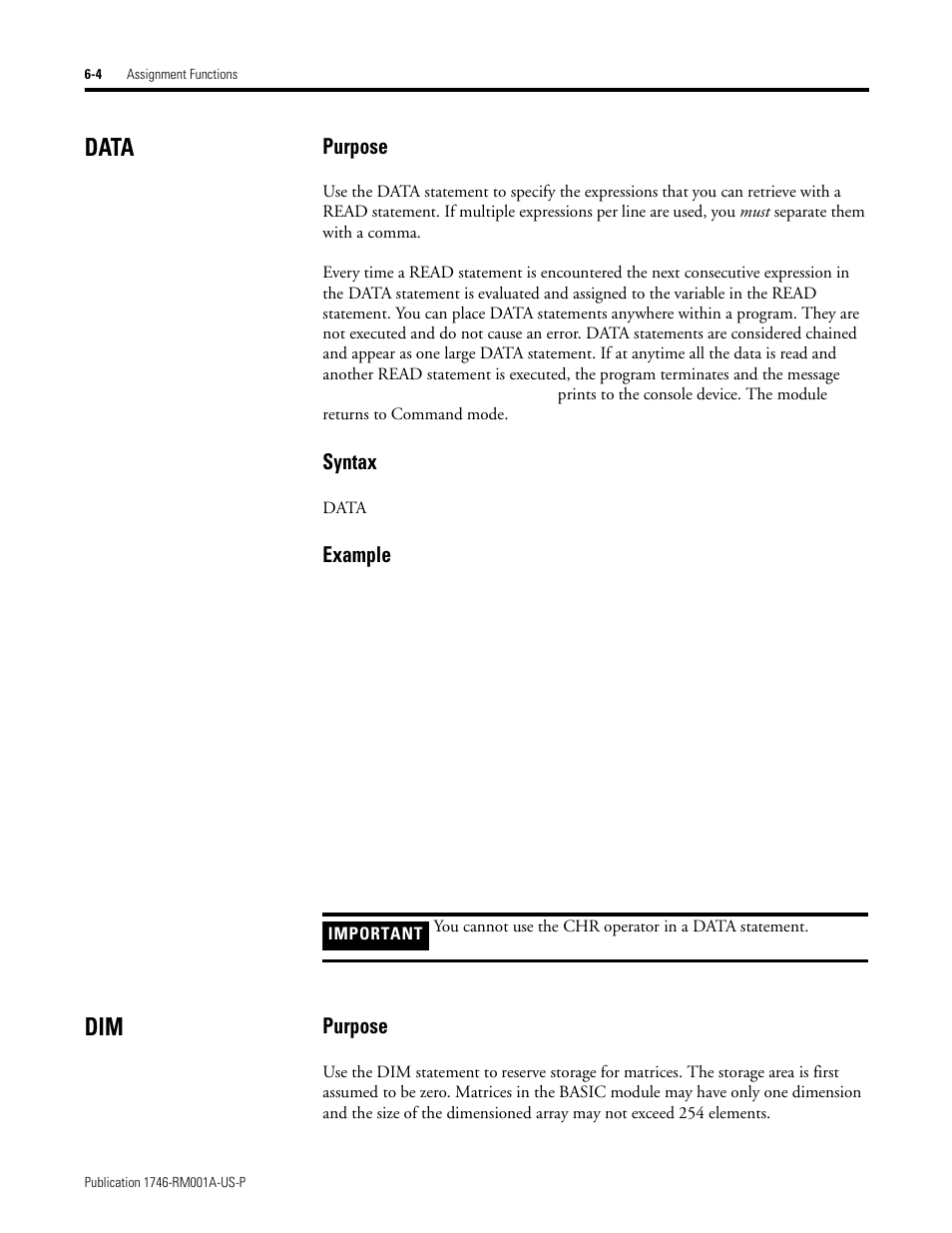 Data, Data -4 dim -4, Purpose | Syntax, Example | Rockwell Automation 1746-BAS BASIC LANGUAGE User Manual | Page 80 / 280