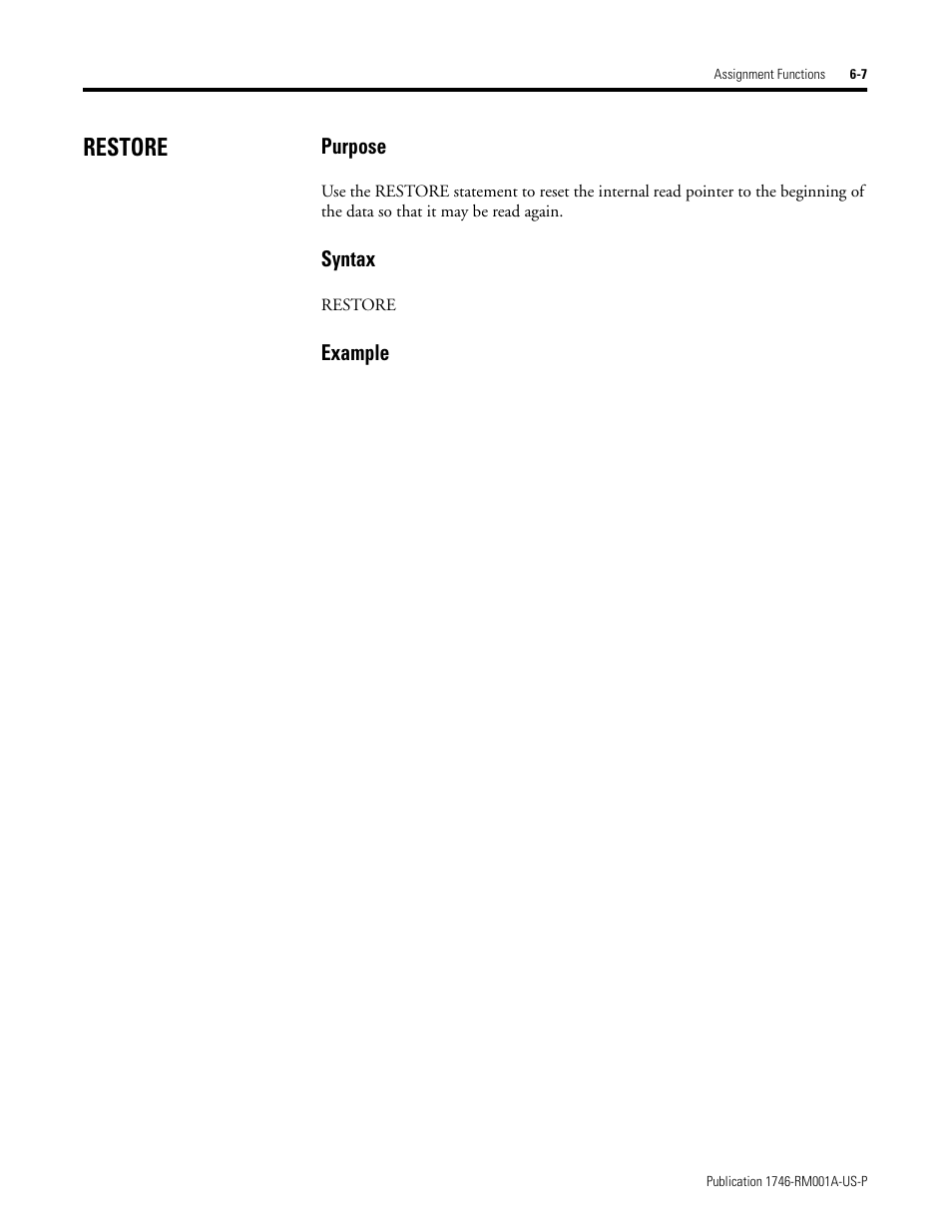 Restore, Restore -7, Purpose | Syntax, Example | Rockwell Automation 1746-BAS BASIC LANGUAGE User Manual | Page 83 / 280