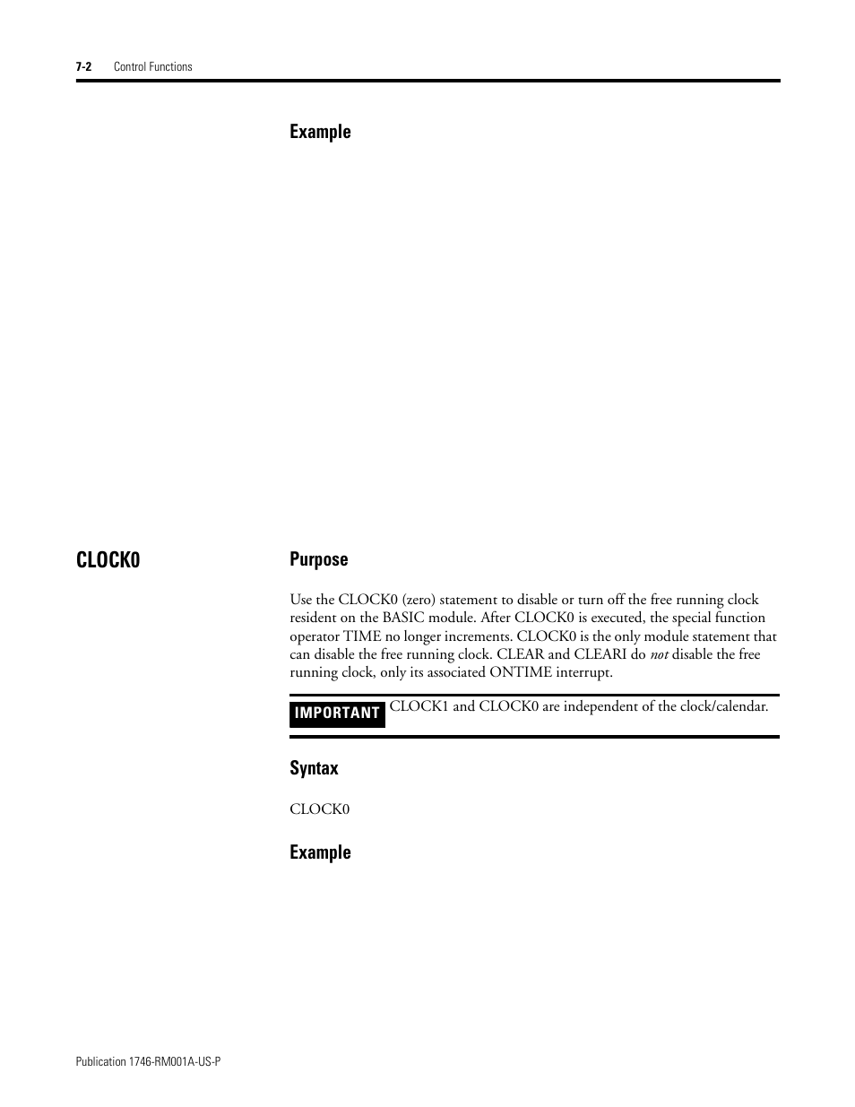 Clock0, Clock0 -2, Example | Purpose, Syntax | Rockwell Automation 1746-BAS BASIC LANGUAGE User Manual | Page 86 / 280