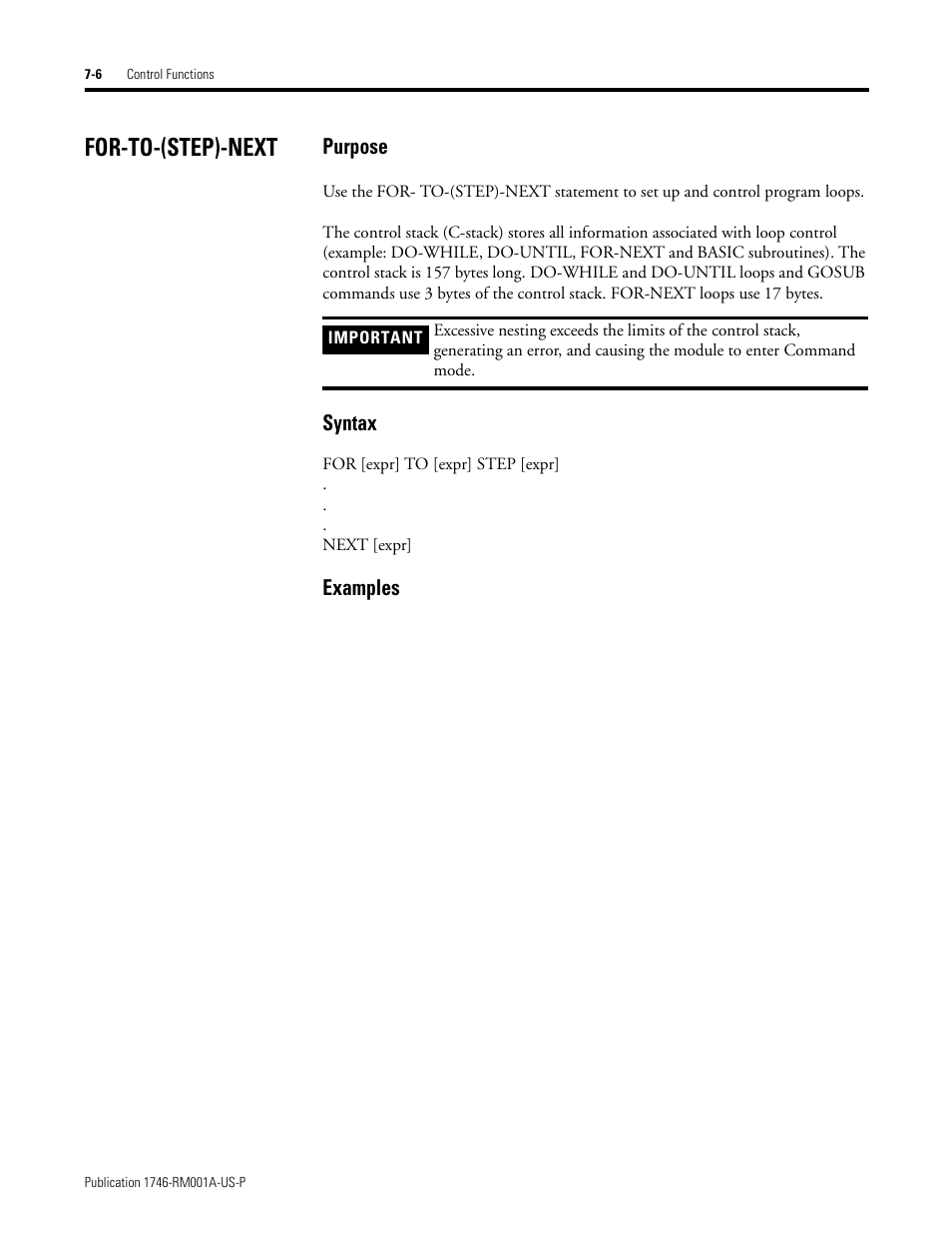 For-to-(step)-next, For-to-(step)-next -6, Purpose | Syntax, Examples | Rockwell Automation 1746-BAS BASIC LANGUAGE User Manual | Page 90 / 280