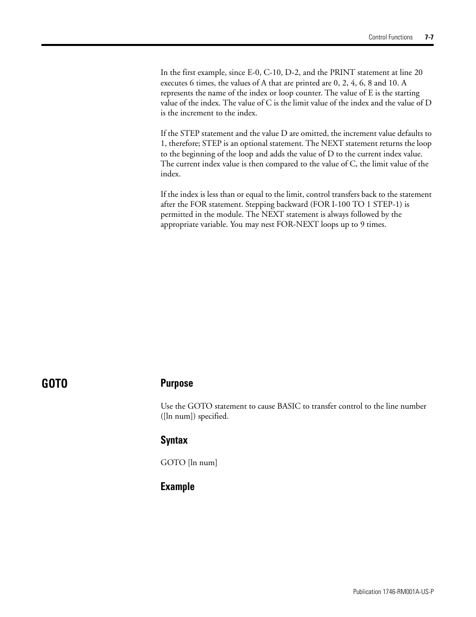 Goto, Goto -7, Purpose | Syntax, Example | Rockwell Automation 1746-BAS BASIC LANGUAGE User Manual | Page 91 / 280