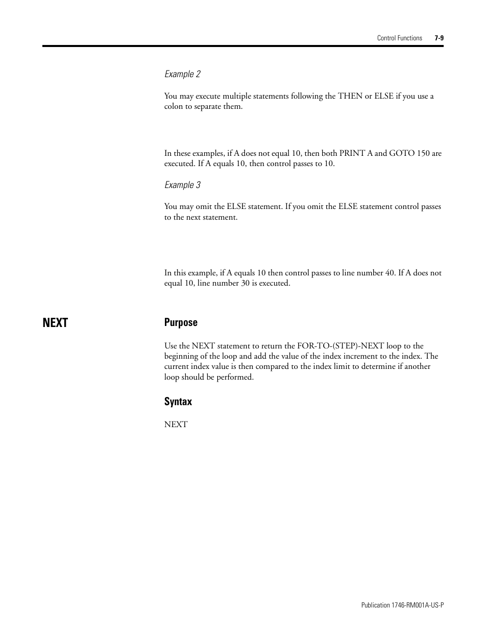 Next, Next -9, Purpose | Syntax | Rockwell Automation 1746-BAS BASIC LANGUAGE User Manual | Page 93 / 280