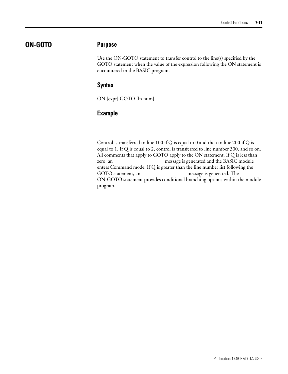 On-goto, On-goto -11, Purpose | Syntax, Example | Rockwell Automation 1746-BAS BASIC LANGUAGE User Manual | Page 95 / 280