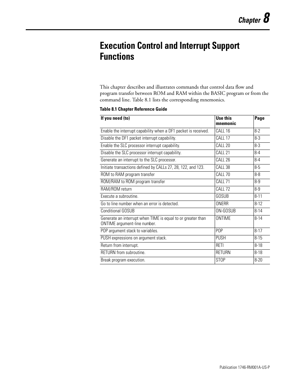 Execution control and interrupt support functions, Chapter 8, Chapter | Rockwell Automation 1746-BAS BASIC LANGUAGE User Manual | Page 97 / 280