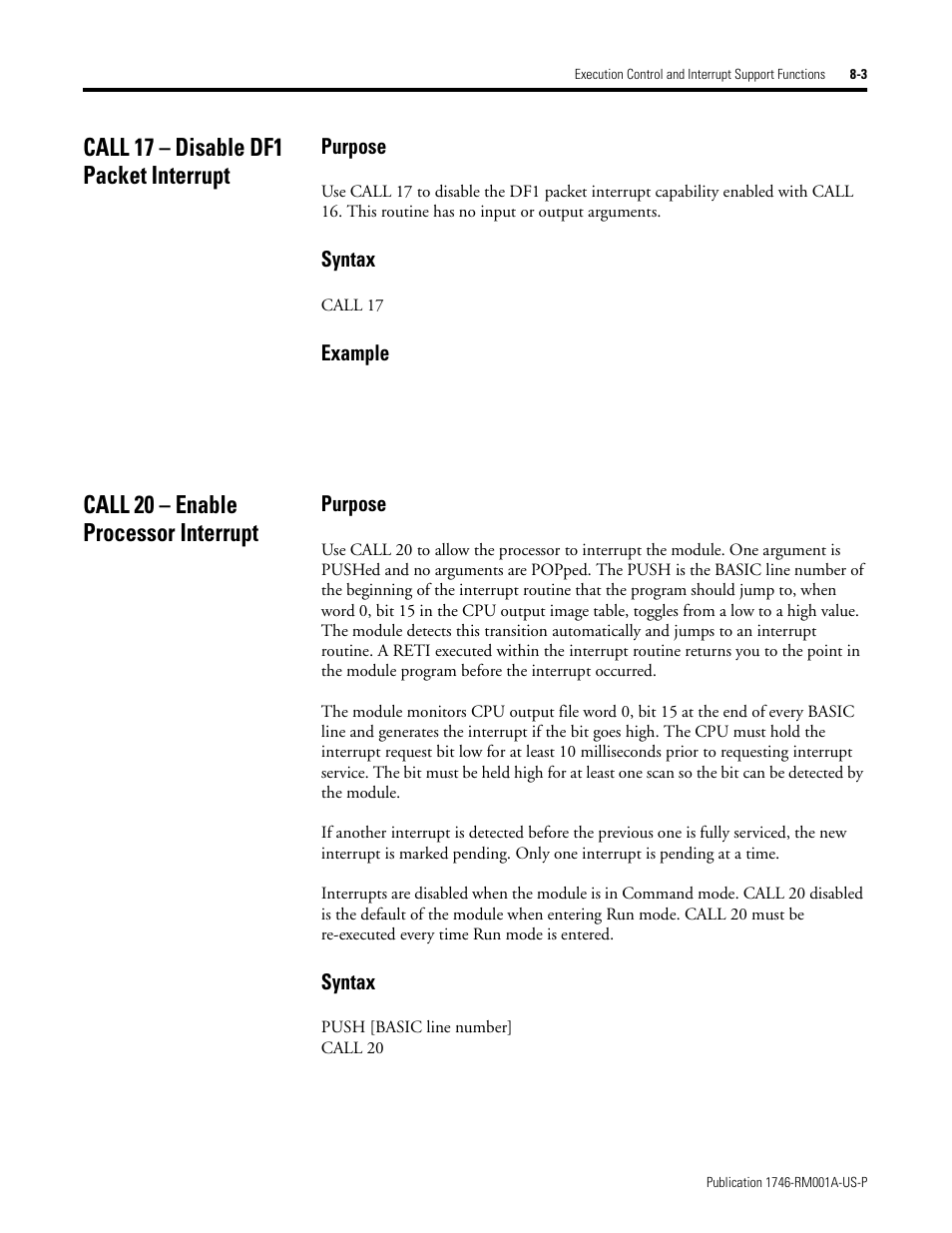 Call 17 – disable df1 packet interrupt, Call 20 – enable processor interrupt | Rockwell Automation 1746-BAS BASIC LANGUAGE User Manual | Page 99 / 280