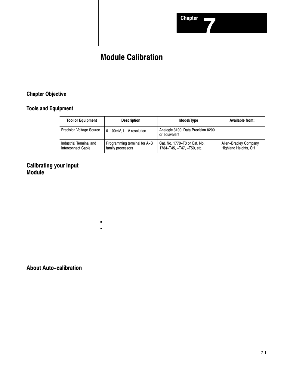 7 - module calibration, Chapter objective, Tools and equipment | Calibrating your input module, About auto-calibration, Module calibration | Rockwell Automation 1771-IXHR , D17716.5.80 HIGH RESOL.THERMOCOUPLE User Manual | Page 35 / 60