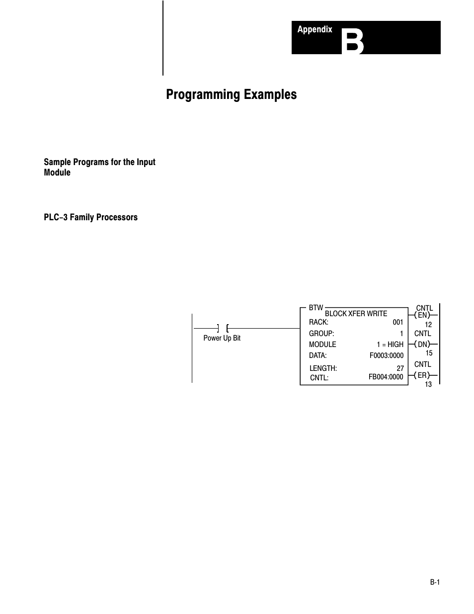 B - programming examples, Sample programs for the input module, Plc-3 family processors | Programming examples | Rockwell Automation 1771-IXHR , D17716.5.80 HIGH RESOL.THERMOCOUPLE User Manual | Page 51 / 60