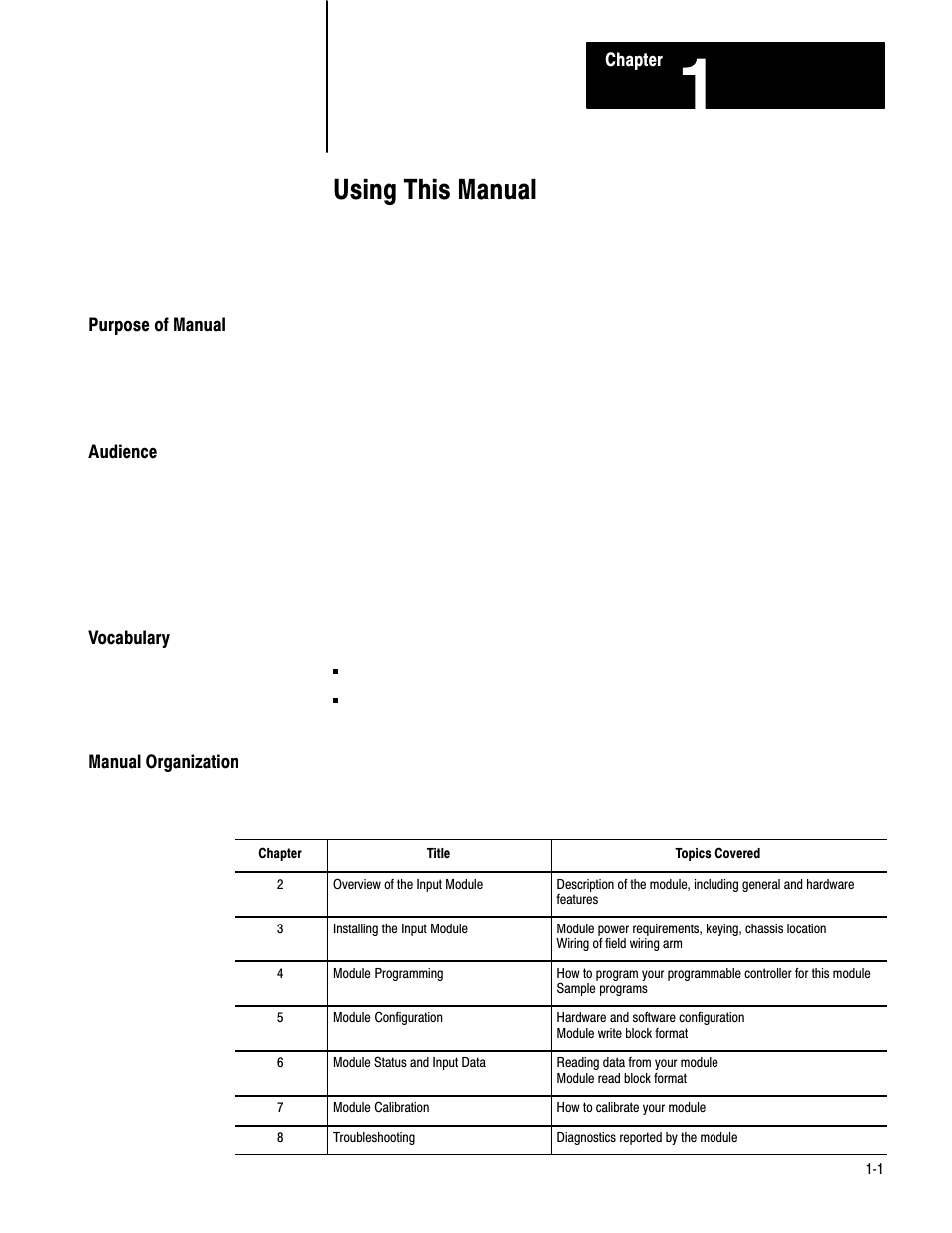 1 - using this manual, Purpose of manual, Audience | Vocabulary, Manual organization, Using this manual | Rockwell Automation 1771-IXHR , D17716.5.80 HIGH RESOL.THERMOCOUPLE User Manual | Page 6 / 60