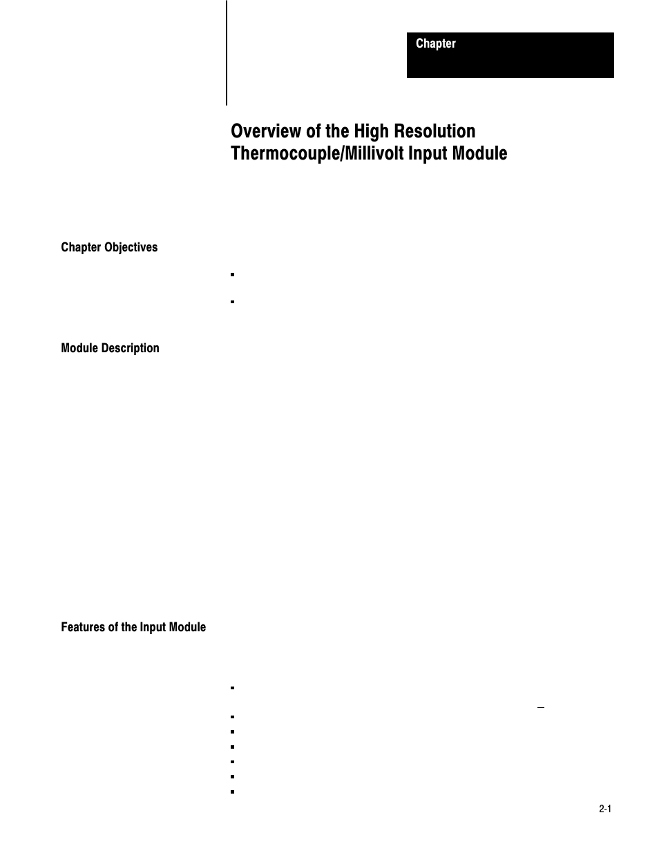 Chapter objectives, Module description, Features of the input module | Rockwell Automation 1771-IXHR , D17716.5.80 HIGH RESOL.THERMOCOUPLE User Manual | Page 9 / 60
