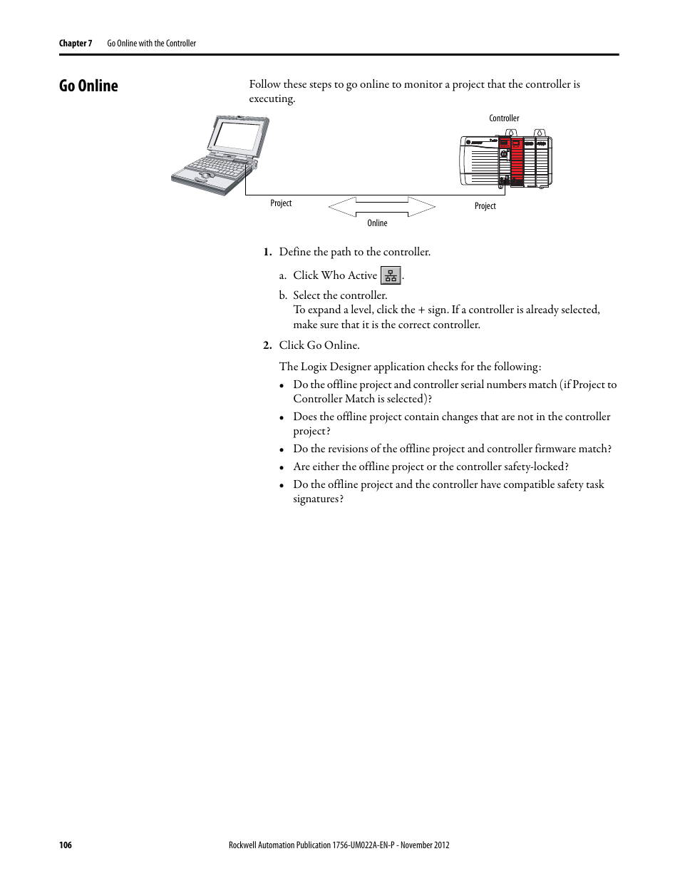 Go online | Rockwell Automation 1756-L7x GuardLogix 5570 Controllers User Manual | Page 106 / 144