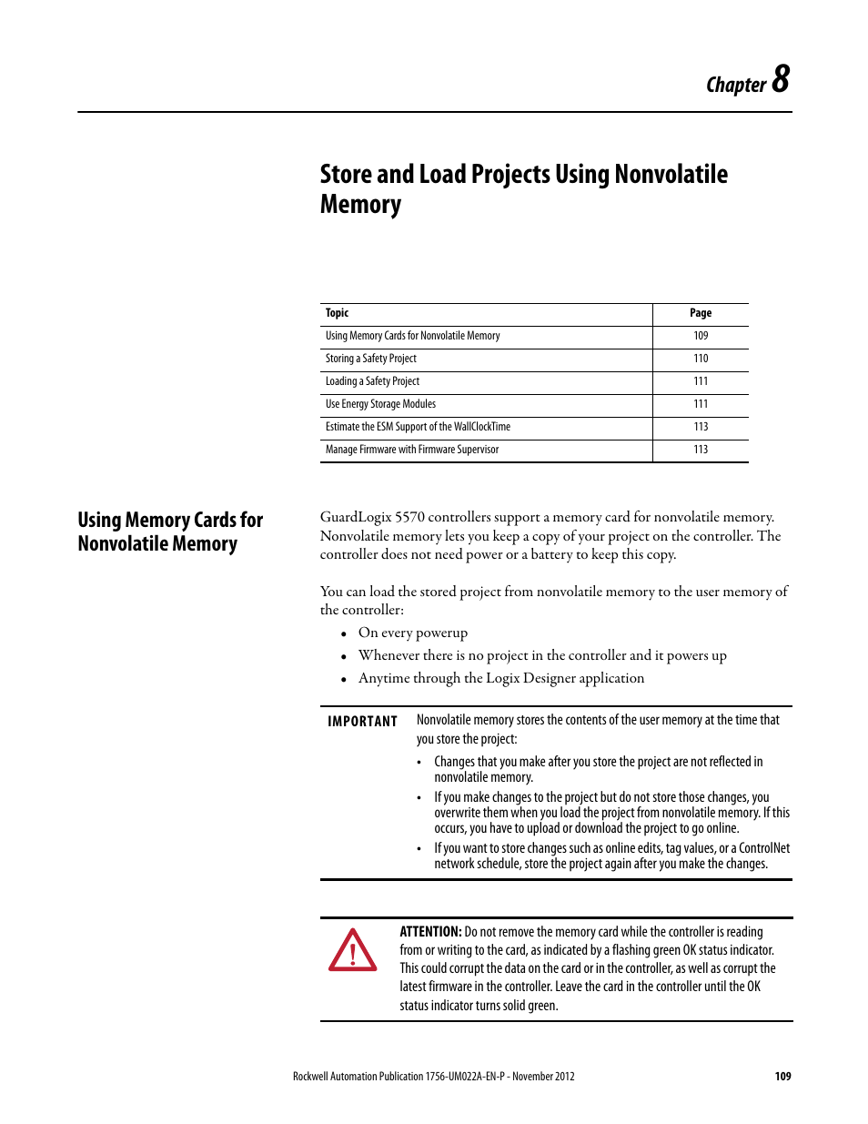 Using memory cards for nonvolatile memory, Chapter 8, Store and load projects using nonvolatile memory | Chapter | Rockwell Automation 1756-L7x GuardLogix 5570 Controllers User Manual | Page 109 / 144