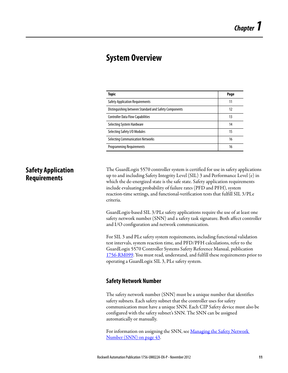 1 - system overview, Safety application requirements, Safety network number | Chapter 1, System overview, Chapter | Rockwell Automation 1756-L7x GuardLogix 5570 Controllers User Manual | Page 11 / 144