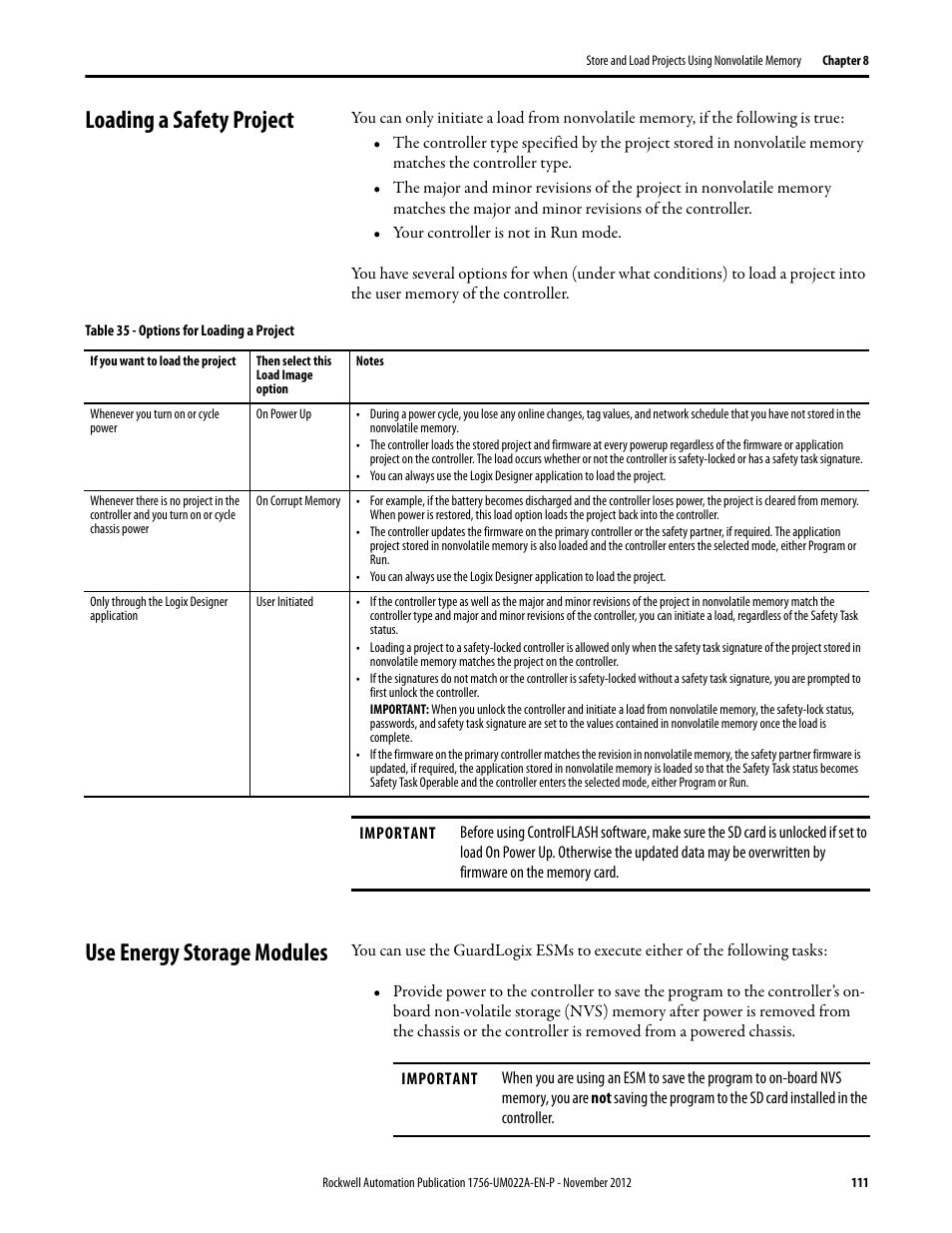 Loading a safety project, Use energy storage modules | Rockwell Automation 1756-L7x GuardLogix 5570 Controllers User Manual | Page 111 / 144