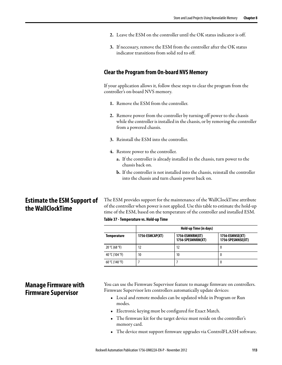 Clear the program from on-board nvs memory, Estimate the esm support of the wallclocktime, Manage firmware with firmware supervisor | Tion | Rockwell Automation 1756-L7x GuardLogix 5570 Controllers User Manual | Page 113 / 144