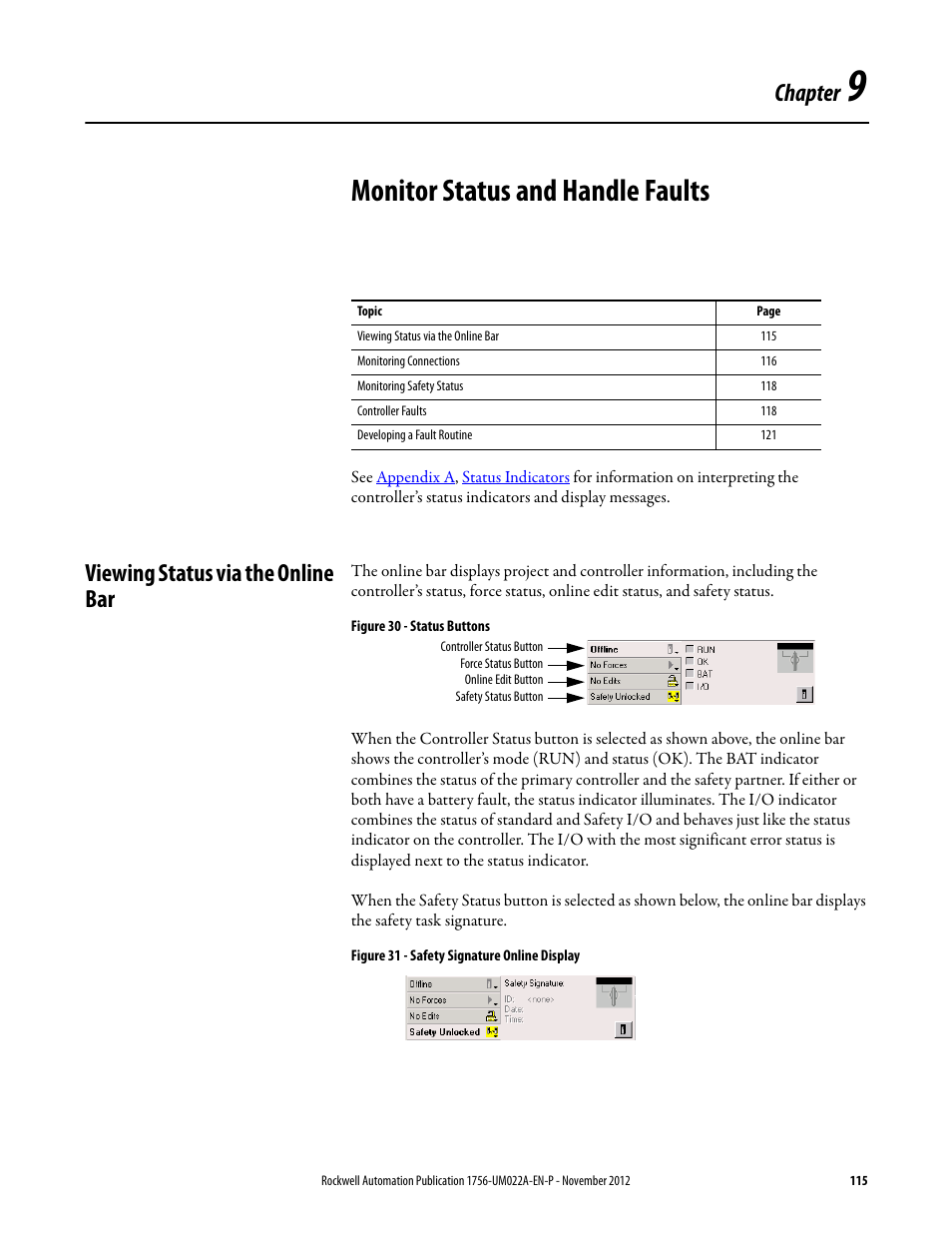 9 - monitor status and handle faults, Viewing status via the online bar, Chapter 9 | Monitor status and handle faults, Chapter | Rockwell Automation 1756-L7x GuardLogix 5570 Controllers User Manual | Page 115 / 144