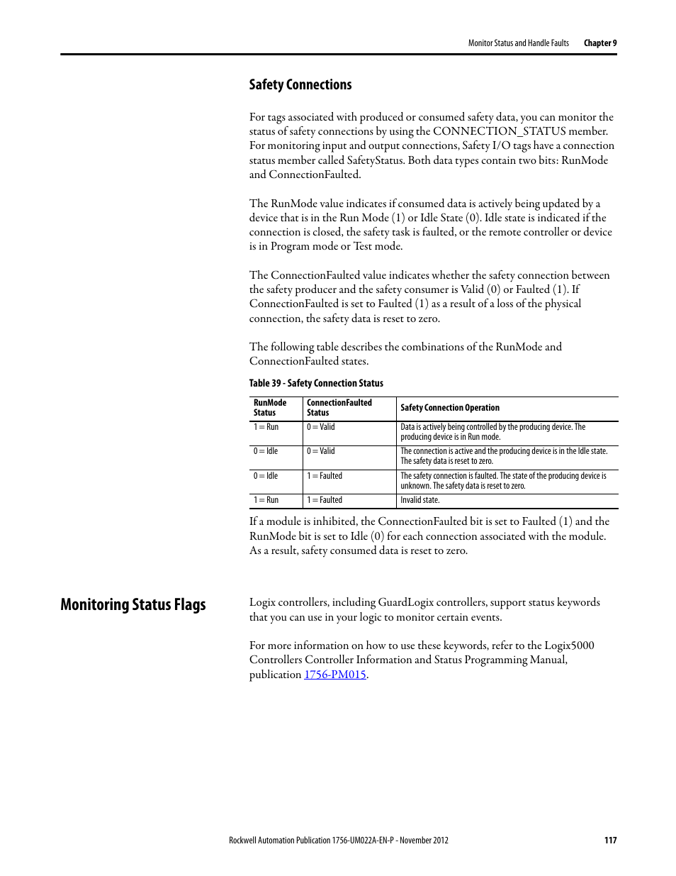Safety connections, Monitoring status flags | Rockwell Automation 1756-L7x GuardLogix 5570 Controllers User Manual | Page 117 / 144