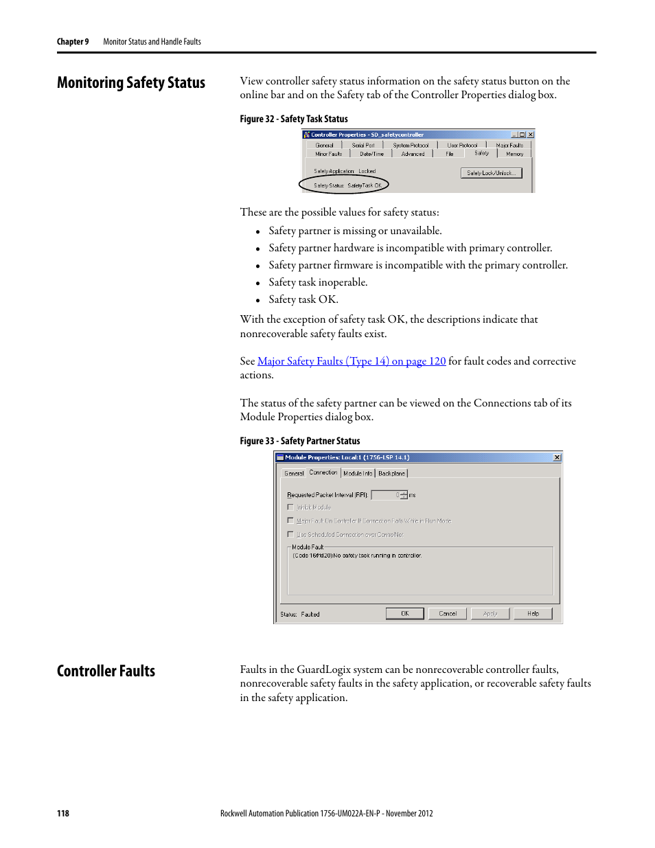 Monitoring safety status, Controller faults, Monitoring safety status controller faults | Rockwell Automation 1756-L7x GuardLogix 5570 Controllers User Manual | Page 118 / 144
