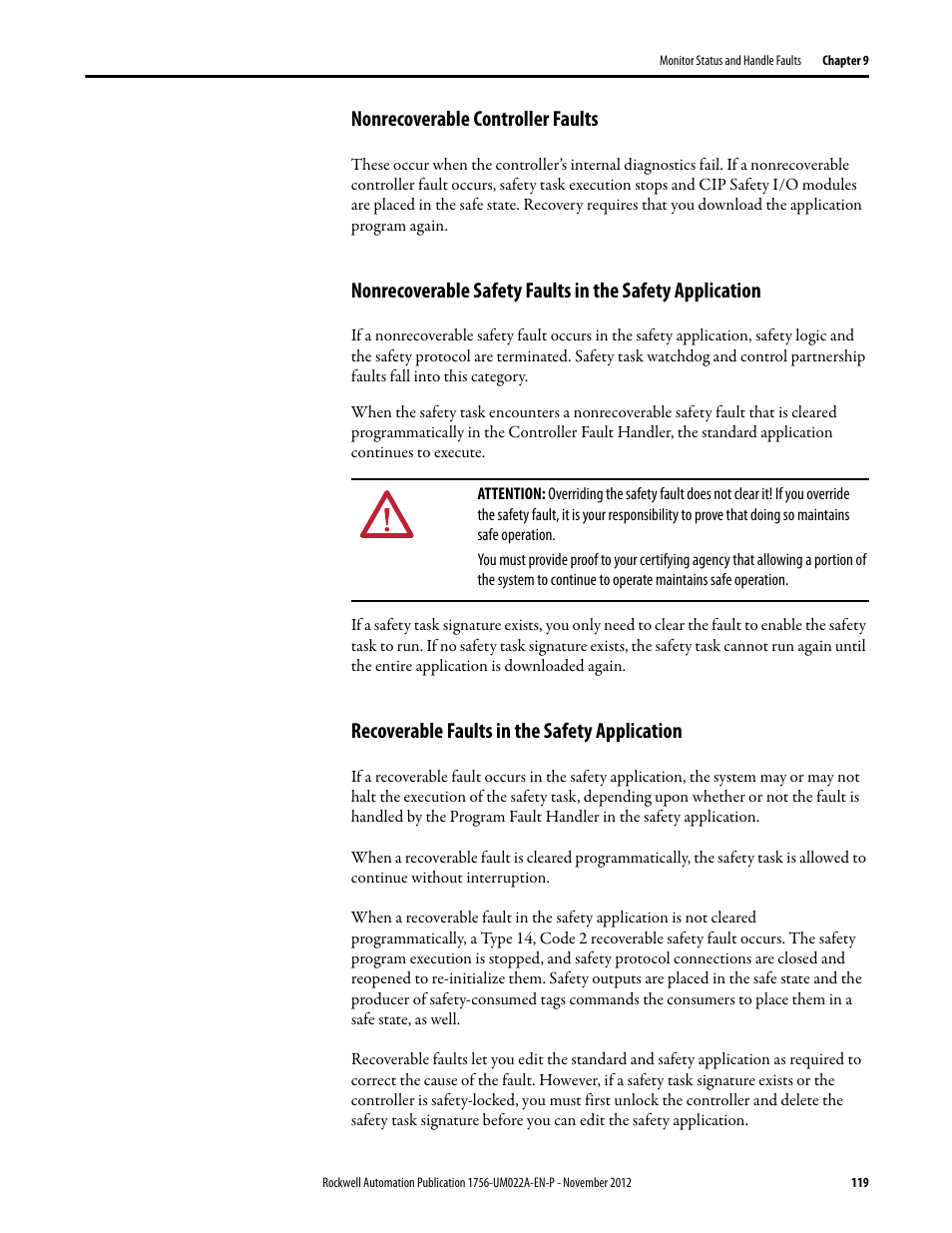 Nonrecoverable controller faults, Recoverable faults in the safety application | Rockwell Automation 1756-L7x GuardLogix 5570 Controllers User Manual | Page 119 / 144