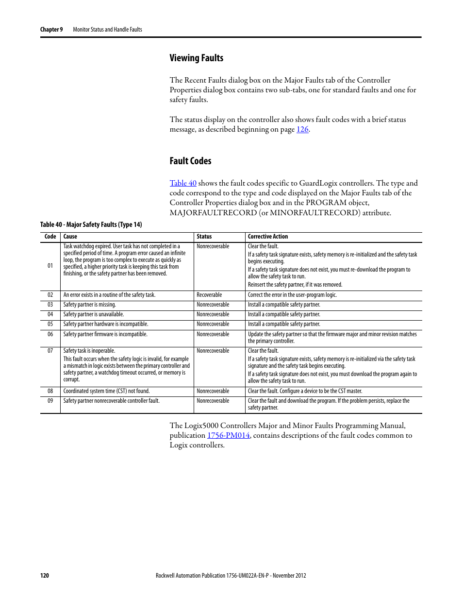 Viewing faults, Fault codes, Viewing faults fault codes | Rockwell Automation 1756-L7x GuardLogix 5570 Controllers User Manual | Page 120 / 144