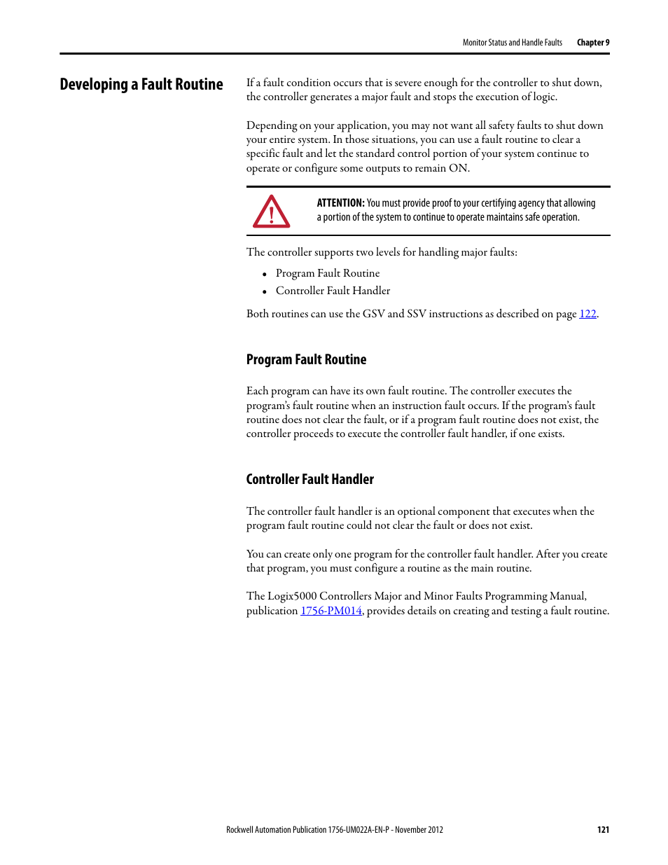 Developing a fault routine, Program fault routine, Controller fault handler | Program fault routine controller fault handler | Rockwell Automation 1756-L7x GuardLogix 5570 Controllers User Manual | Page 121 / 144