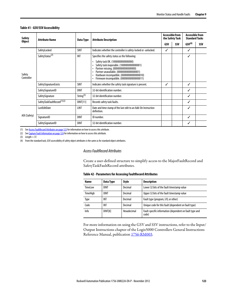 Access faultrecord attributes | Rockwell Automation 1756-L7x GuardLogix 5570 Controllers User Manual | Page 123 / 144