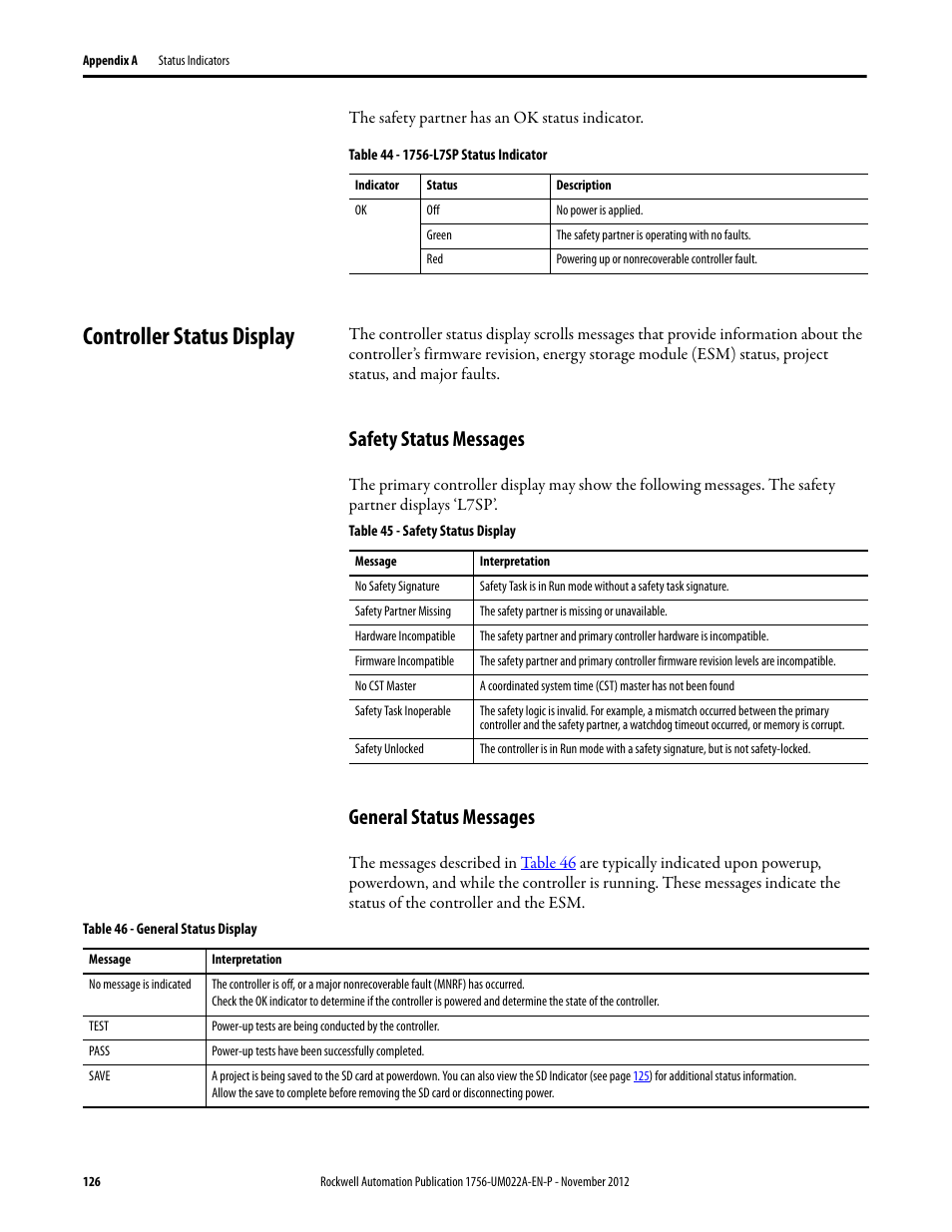 Controller status display, Safety status messages, General status messages | Safety status messages general status messages | Rockwell Automation 1756-L7x GuardLogix 5570 Controllers User Manual | Page 126 / 144