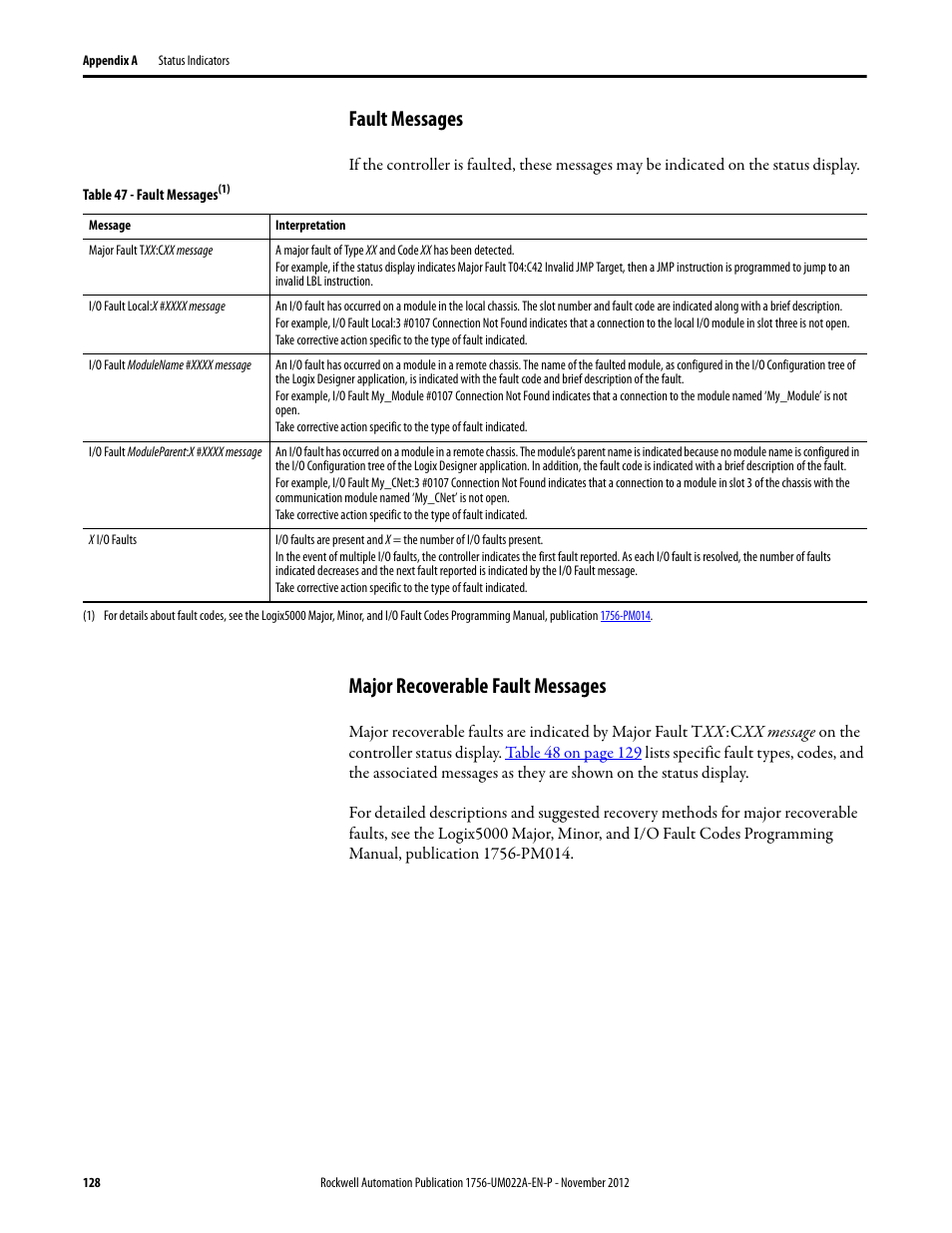 Fault messages, Major recoverable fault messages, Fault messages major recoverable fault messages | Rockwell Automation 1756-L7x GuardLogix 5570 Controllers User Manual | Page 128 / 144