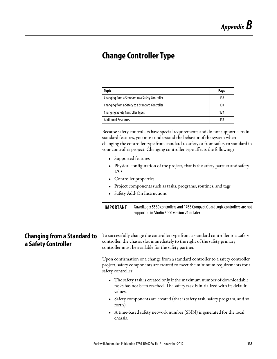 B - change controller type, Changing from a standard to a safety controller, Appendix b | Change controller type, Appendix | Rockwell Automation 1756-L7x GuardLogix 5570 Controllers User Manual | Page 133 / 144