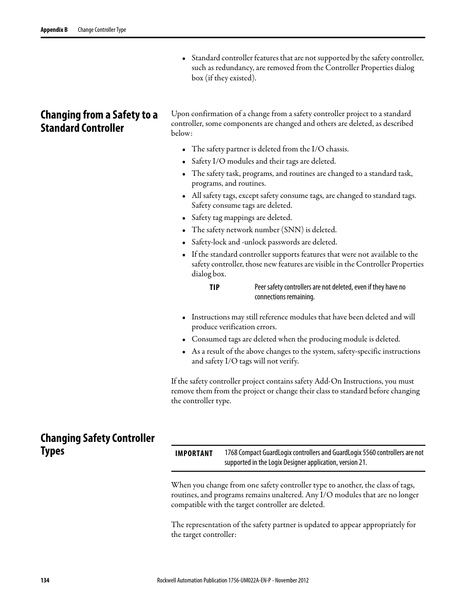 Changing from a safety to a standard controller, Changing safety controller types | Rockwell Automation 1756-L7x GuardLogix 5570 Controllers User Manual | Page 134 / 144