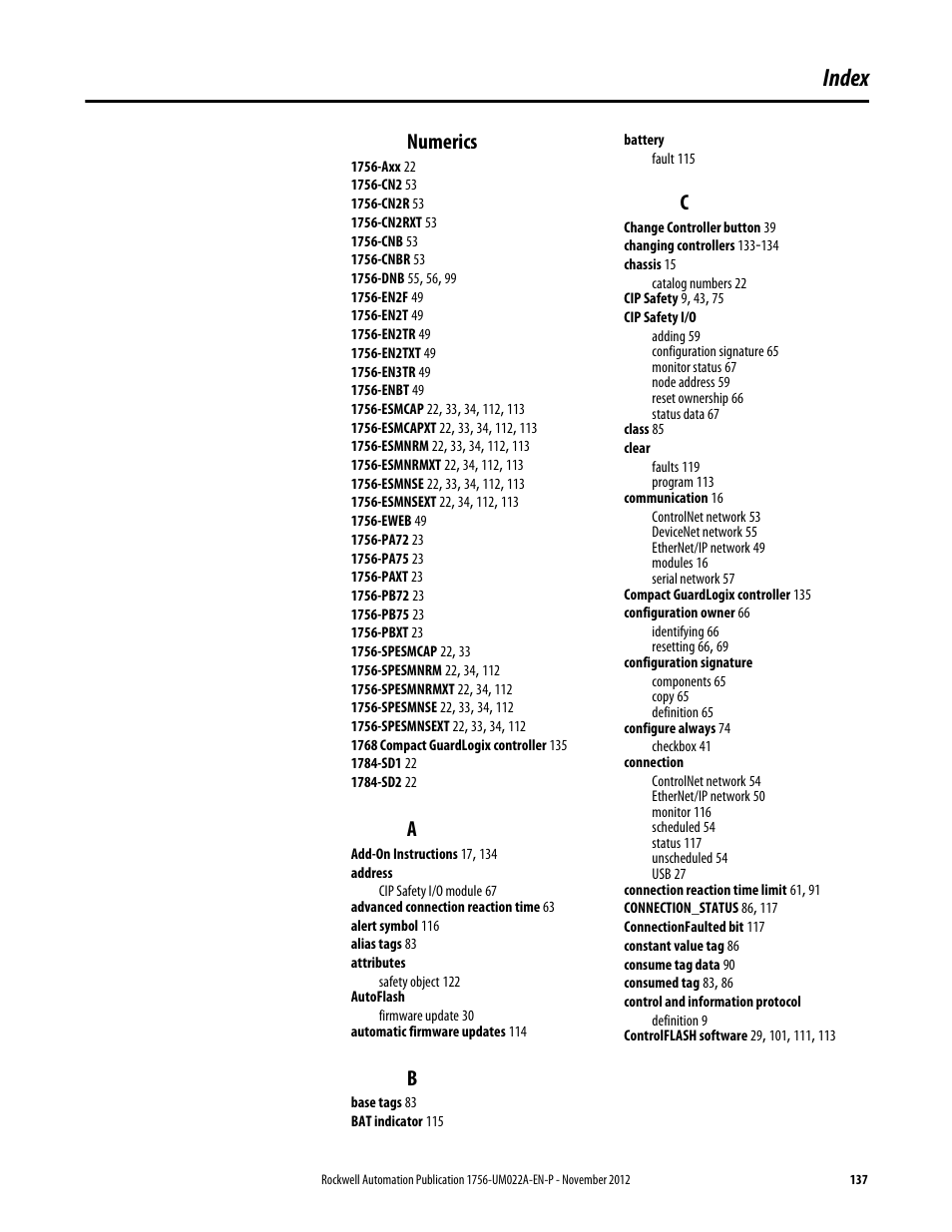 Index, Numerics | Rockwell Automation 1756-L7x GuardLogix 5570 Controllers User Manual | Page 137 / 144