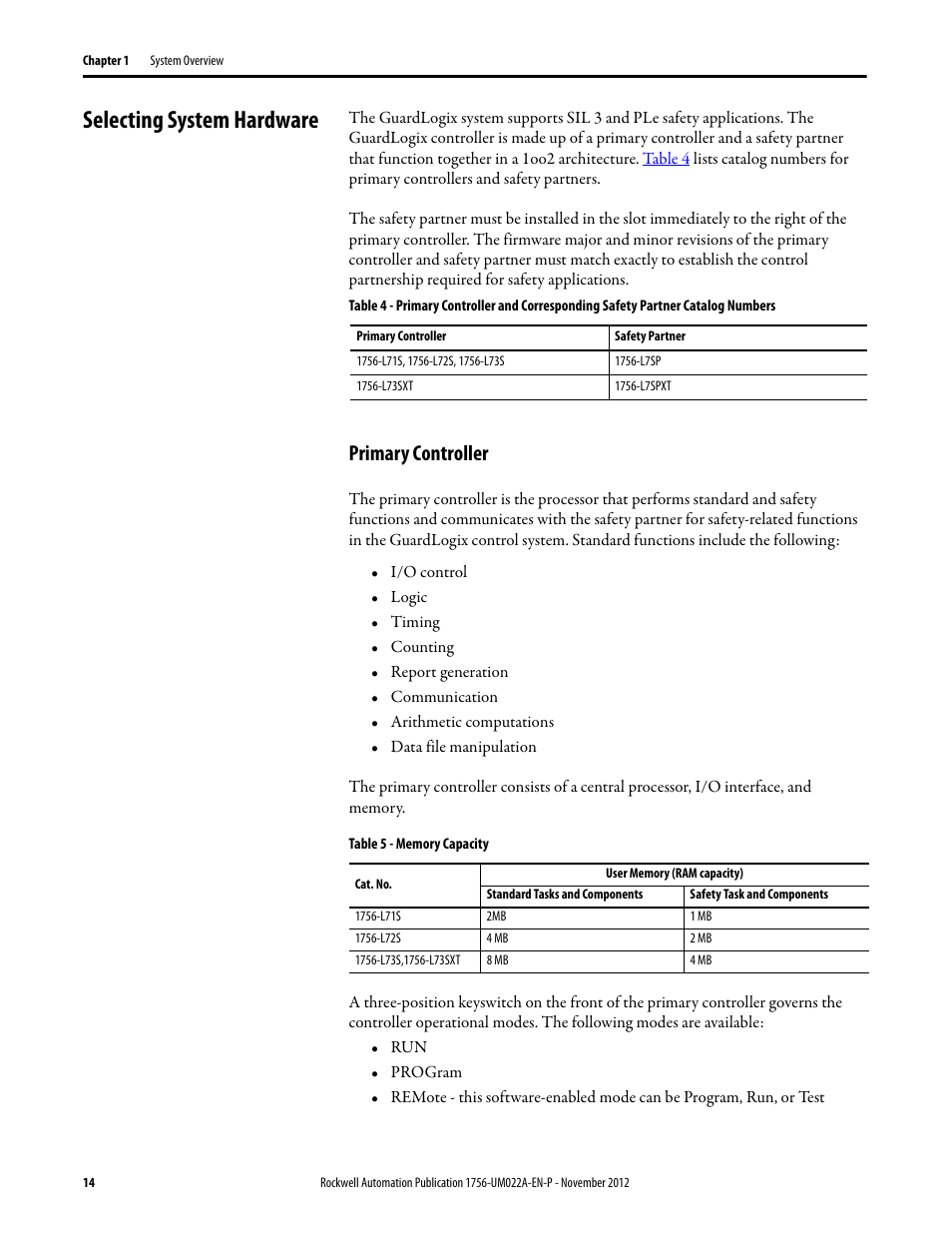 Selecting system hardware, Primary controller | Rockwell Automation 1756-L7x GuardLogix 5570 Controllers User Manual | Page 14 / 144